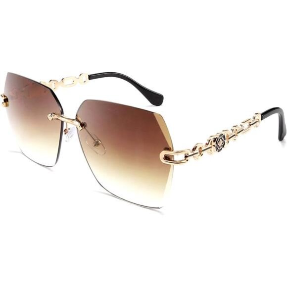Women's Classic Rimless Sunglasses Metal Frame Diamond Cutting Lens Sunglasses